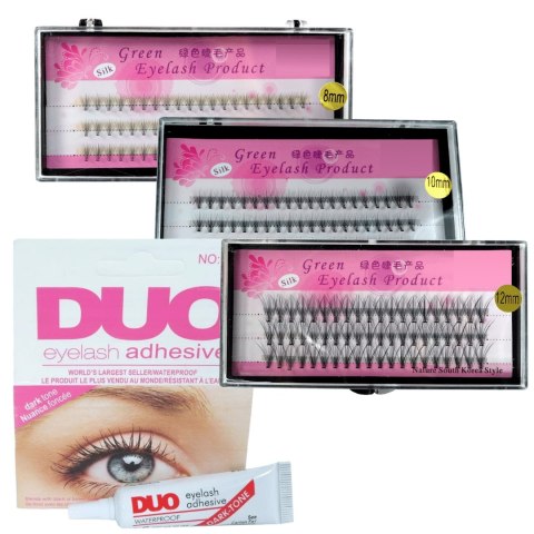 Zestaw rzęsy kępki 8,10,12mm + klej DUO black 7g Zestaw rzęsy kępki 8,10,12mm + klej DUO black 7g